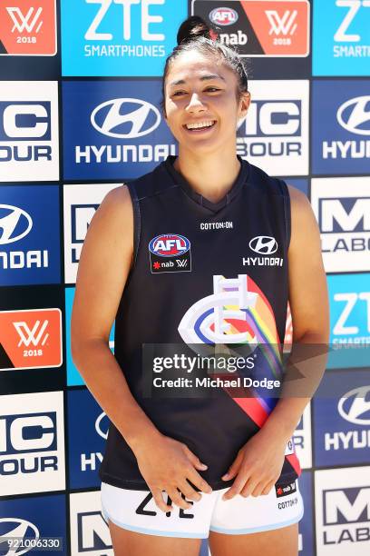 Carlton AFLW forward Darcy Vescio speaks to media with the Pride guernsey for Friday nightÕs game during an AFLW media opportunity at Whitten Oval on...