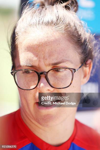 Bulldog Emma Kearney speaks to media with the Pride guernsey for Friday nightÕs game during an AFLW media opportunity at Whitten Oval on February 20,...