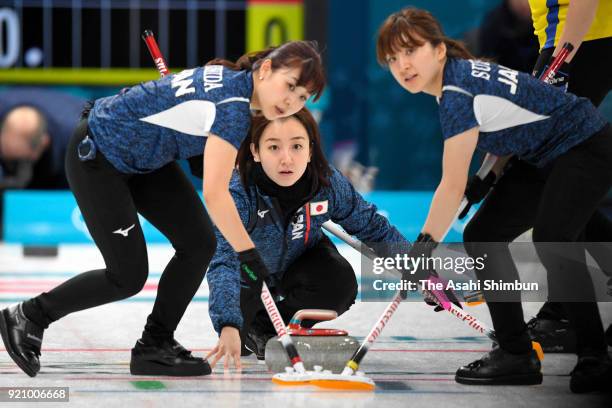 Satsuki Fujisawa of Japan delivers the stone in the 3rd end during Women's Round Robin Session 9 against Sweden on day ten of the PyeongChang Winter...