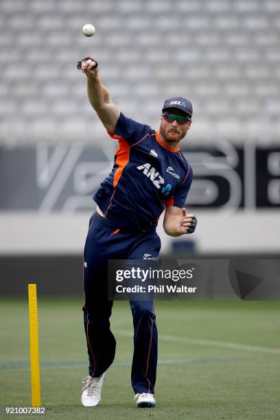 Martin Guptill of New Zealand throws the ball during a New Zealand Blackcaps Training Session & Media Opportunity at Eden Park on February 20, 2018...