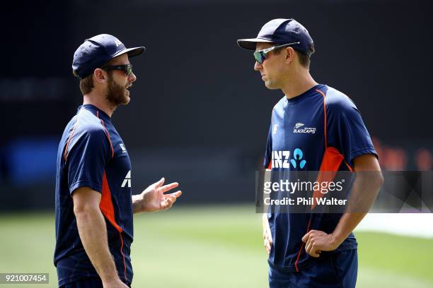 New Zealand Captain Kane Williamson and Trent Boult during a New Zealand Blackcaps Training Session & Media Opportunity at Eden Park on February 20,...