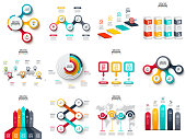 Vector infographics, diagram, chart, graph and presentation. Business report with 3, 4, 5, 6 and 7 options, parts, steps processes. Arrows, circles, target, columns, map and timeline.