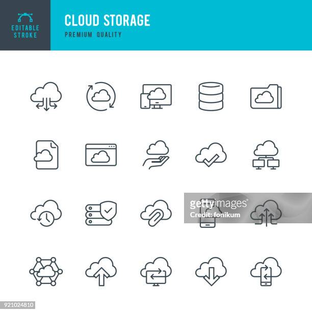 illustrazioni stock, clip art, cartoni animati e icone di tendenza di cloud storage - set di icone vettoriali a linea sottile - hard drive