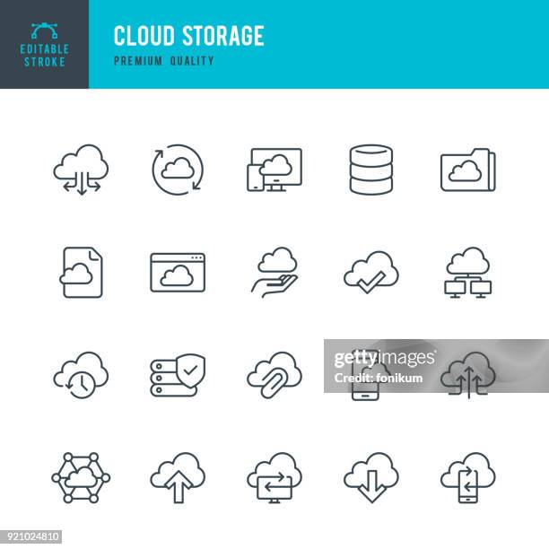 stockillustraties, clipart, cartoons en iconen met cloud opslag - dunne lijn vector icons set - streaming