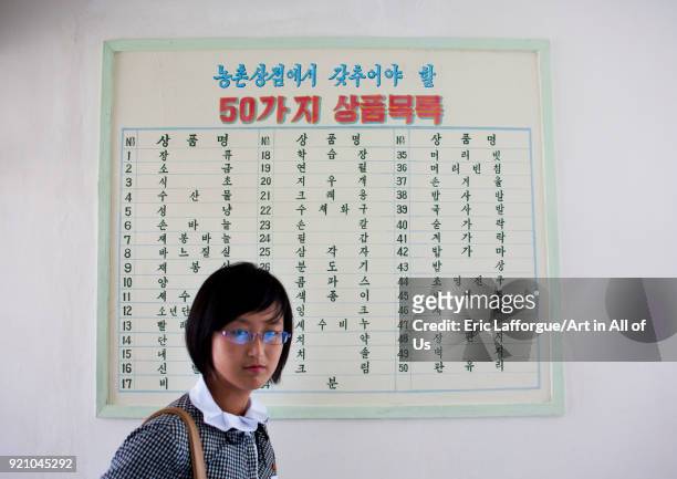 North Korean woman in front of a list of products for sale in a small shop, South Hamgyong Province, Hamhung, North Korea on September 12, 2012 in...