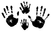 Handprints of a man, a woman, a child. Vector silhouette on white background