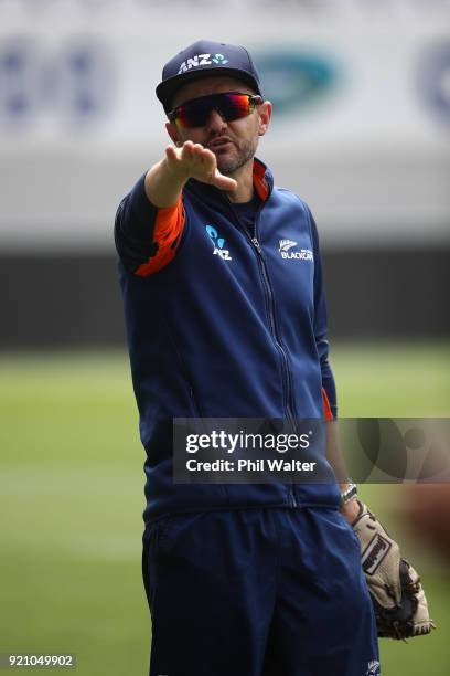 New Zealand coach Mike Hesson gestures during a New Zealand Blackcaps Training Session & Media Opportunity at Eden Park on February 20, 2018 in...