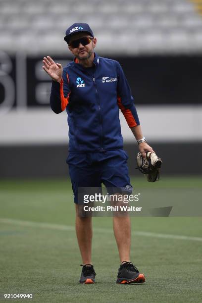 New Zealand coach Mike Hesson gestures during a New Zealand Blackcaps Training Session & Media Opportunity at Eden Park on February 20, 2018 in...