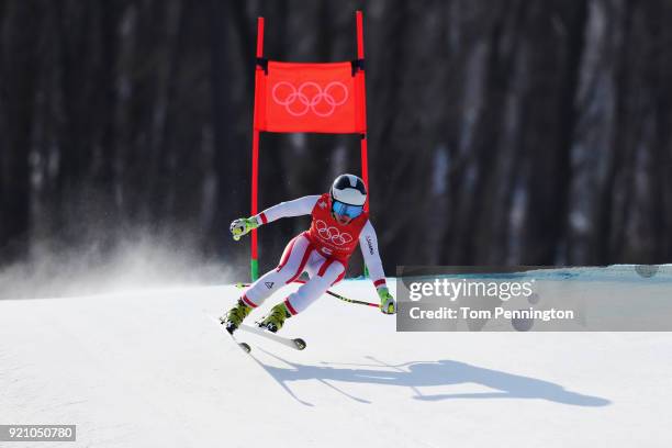 Nicole Schmidhofer of Austria makes a run during the Ladies' Downhill Alpine Skiing training on day eleven of the PyeongChang 2018 Winter Olympic...