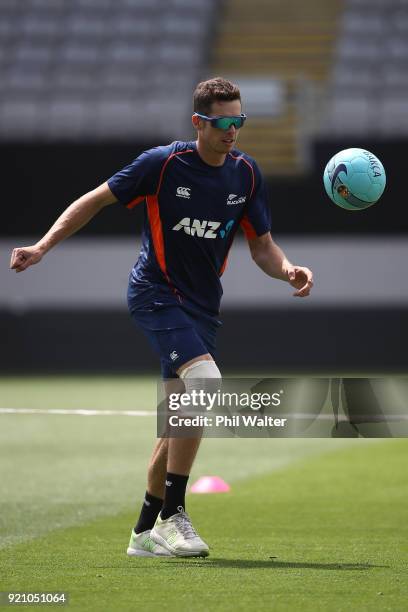 Mitchell Santner of the Blackcaps during a New Zealand Blackcaps Training Session & Media Opportunity at Eden Park on February 20, 2018 in Auckland,...