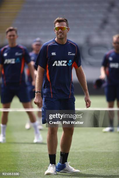 Tim Southee of the Blackcaps during a New Zealand Blackcaps Training Session & Media Opportunity at Eden Park on February 20, 2018 in Auckland, New...