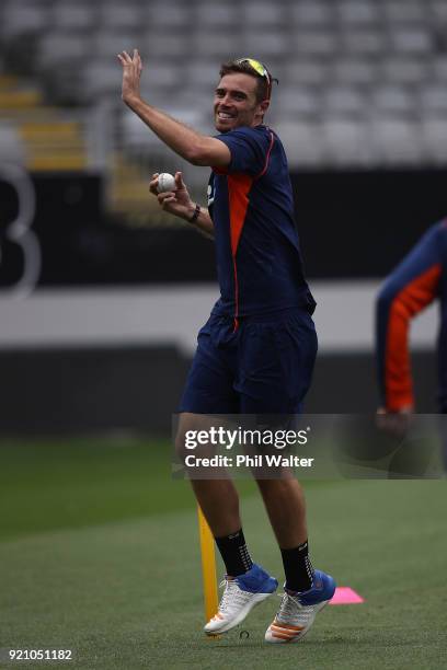 Tim Southee of the Blackcaps throws the ball during a New Zealand Blackcaps Training Session & Media Opportunity at Eden Park on February 20, 2018 in...