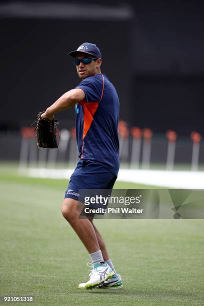 Ross Taylor of the Blackcaps throws the ball during a New Zealand Blackcaps Training Session & Media Opportunity at Eden Park on February 20, 2018 in...