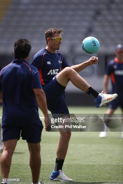 Tim Southee of the Blackcaps during a New Zealand Blackcaps Training Session & Media Opportunity at Eden Park on February 20, 2018 in Auckland, New...