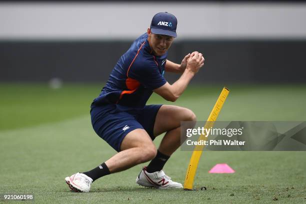 Ben Wheeler of New Zealand practices fielding the ball during the New Zealand Blackcaps Training Session & Media Opportunity at Eden Park on February...