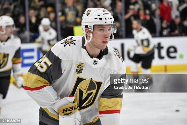 Stefan Matteau of the Vegas Golden Knights warms up prior to the game against the Anaheim Ducks at T-Mobile Arena on February 19, 2018 in Las Vegas,...
