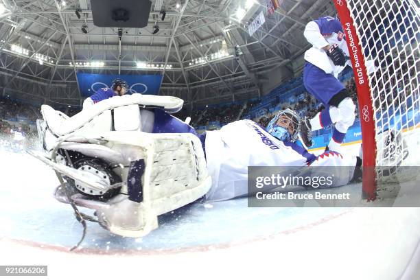 Jan Laco of Slovakia tends goal against Troy Terry of the United States in the second period during the Men's Play-offs Qualifications game on day...