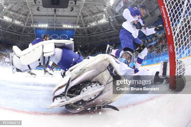 Jan Laco of Slovakia tends goal against Troy Terry of the United States in the second period during the Men's Play-offs Qualifications game on day...