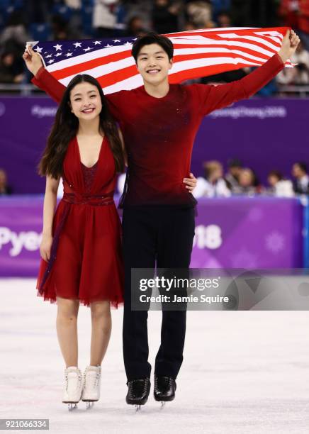 Bronze medal winners Maia Shibutani and Alex Shibutani of the United States celebrate during the victory ceremony for the Figure Skating Ice Dance...