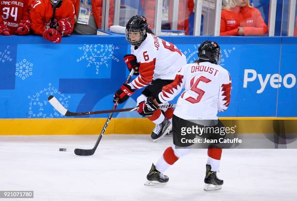 Rebecca Johnston and Melodie Daoust of Canada during the women's semifinal ice hockey match between Canada and Olympic Athletes from Russia at...