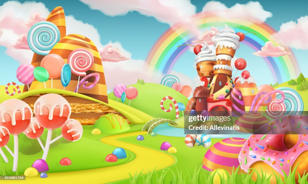 Sweet candy land. Cartoon game background. 3d vector illustration