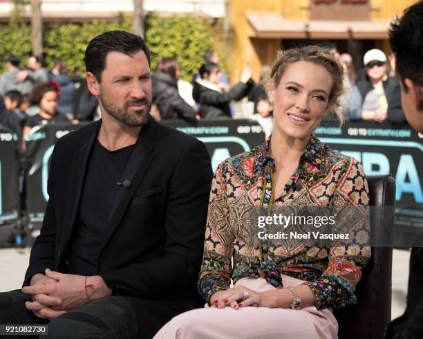 Maks Chmerkovskiy and Peta Murgatroyd visit "Extra" at Universal Studios Hollywood on February 19, 2018 in Universal City, California.