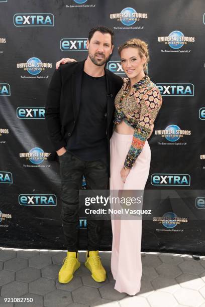 Maks Chmerkovskiy and Peta Murgatroyd visit "Extra" at Universal Studios Hollywood on February 19, 2018 in Universal City, California.