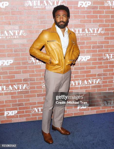 Donald Glover arrives at FX's "Atlanta Robbin' Season" Los Angeles premiere held at Ace Theater Downtown LA on February 19, 2018 in Los Angeles,...