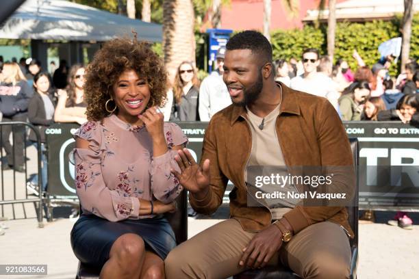 Winston Duke and Tanika Ray vist "Extra" at Universal Studios Hollywood on February 19, 2018 in Universal City, California.