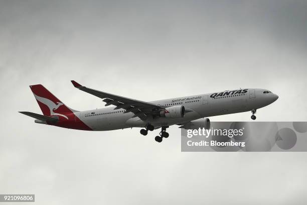 An Airbus SE A330-300 aircraft operated by Qantas Airways Ltd. Approaches to land at Sydney Airport in Sydney, Australia, on Tuesday, Feb. 20, 2018....