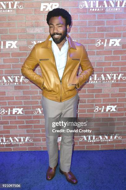 Donald Glover attends FX's "Atlanta Robbin' Season" Premiere - Arrivals at Ace Theater Downtown LA on February 19, 2018 in Los Angeles, California.