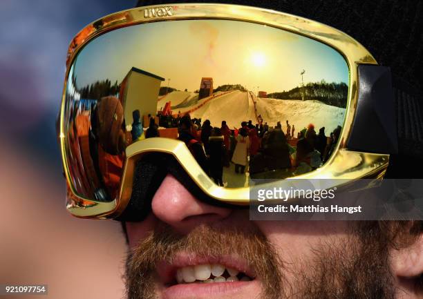 Detailed view into an athletes goggles during the Freestyle Skiing Men's Ski Halfpipe Qualification on day eleven of the PyeongChang 2018 Winter...
