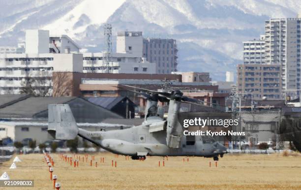 Photo taken on Feb. 19 shows the U.S. Military's Osprey tilt-rotor transport aircraft at the Japanese Ground Self-Defense Force's Kasuminome base in...