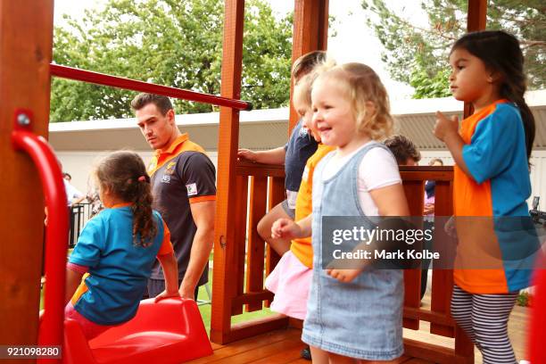 Jeremy Cameron interacts with children during a Greater Western Sydney Giants AFL media opportunity to launch their ÔLittle GIANTSÔ early education...