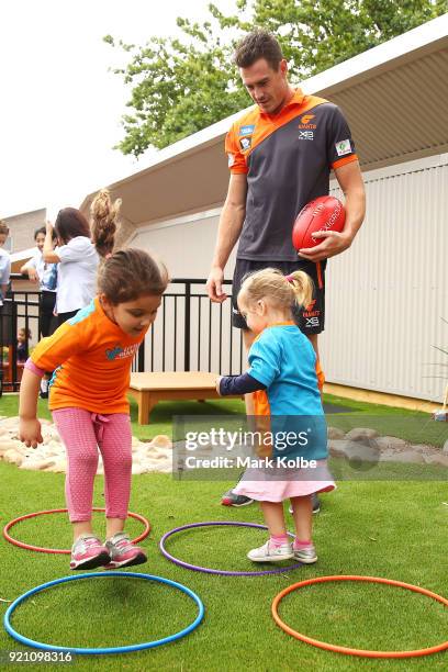 Jeremy Cameron interacts with children during a Greater Western Sydney Giants AFL media opportunity to launch their ÔLittle GIANTSÔ early education...