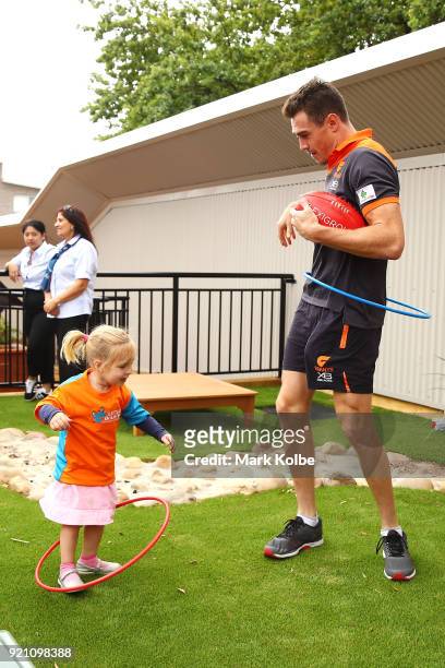 Jeremy Cameron interacts with children during a Greater Western Sydney Giants AFL media opportunity to launch their ÔLittle GIANTSÔ early education...