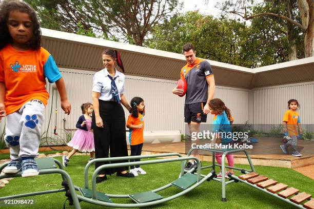 Jeremy Cameron interacts with children during a Greater Western Sydney Giants AFL media opportunity to launch their ÔLittle GIANTSÔ early education...