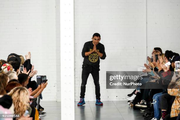 Designer Nicola Formichetti walks the runway at the end Nicopanda Models show collection during London Fashion Weak in the Topshop showspace in...