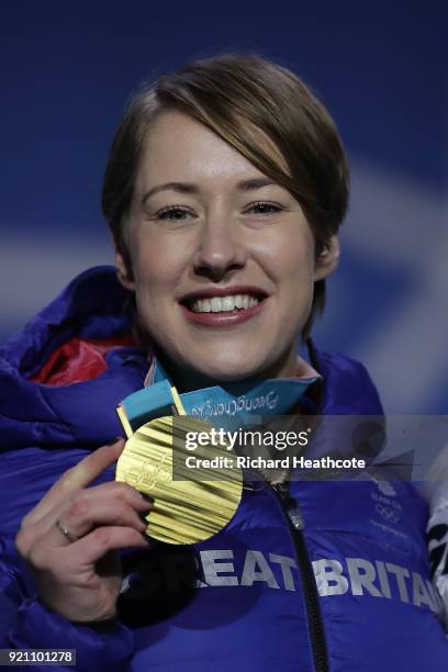 Gold medalist Lizzy Yarnold of Great Britain celebrates during the medal ceremony for the Women's Skeleton on day nine of the PyeongChang 2018 Winter...