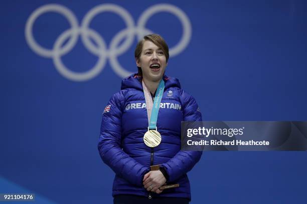 Gold medalist Lizzy Yarnold of Great Britain celebrates during the medal ceremony for the Women's Skeleton on day nine of the PyeongChang 2018 Winter...