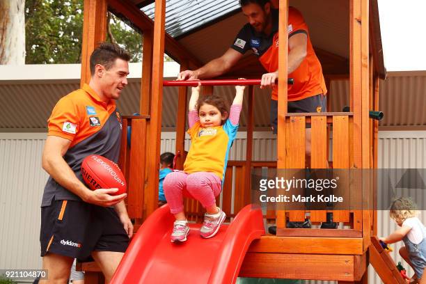 Jeremy Cameron and Shane Mumford interact with children during a Greater Western Sydney Giants AFL media opportunity to launch their ÔLittle GIANTSÔ...