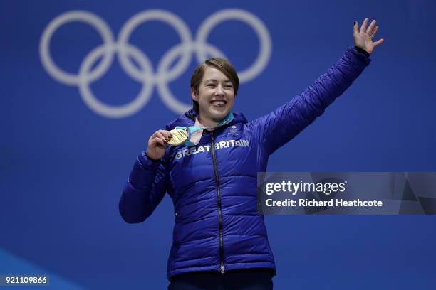 Gold medalist Lizzy Yarnold of Great Britain celebrates during the medal ceremony for the Women's Skeleton on day nine of the PyeongChang 2018 Winter...