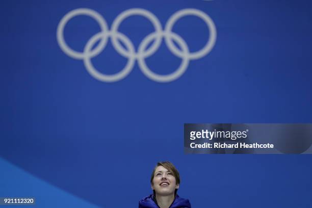 Gold medalist Lizzy Yarnold of Great Britain celebrates during the medal ceremony for the Women's Skeleton on day nine of the PyeongChang 2018 Winter...
