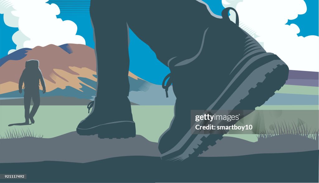 Landscape with hills, mountains and walkers or hikers