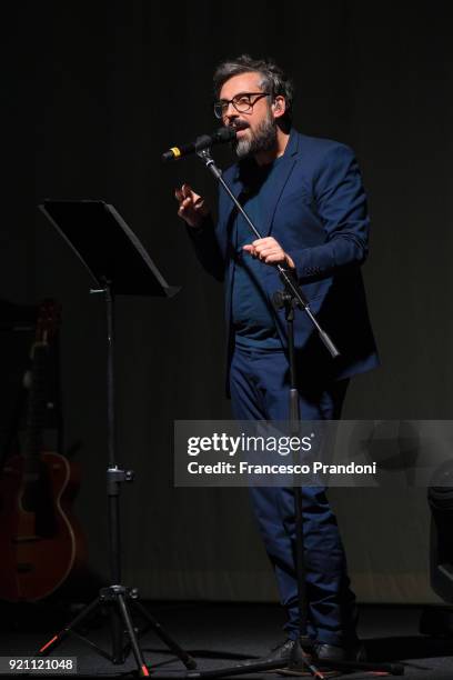 Dario Brunori of Brunori Sas performs on stage at Teatro degli Arcimboldi on February 19, 2018 in Milan, Italy.