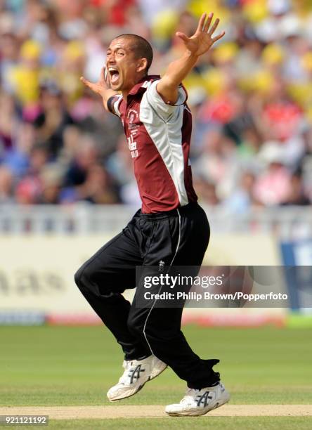 Alfonso Thomas of Somerset celebrates the wicket of Kent batsman Martin van Jaarsveld during the Twenty20 Cup Semi Final between Kent and Somerset at...