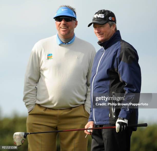 Sir Ian Botham talks with Steve Waugh during the first round of the Alfred Dunhill Links Championship at the Old Course, St Andrews, Scotland, 1st...