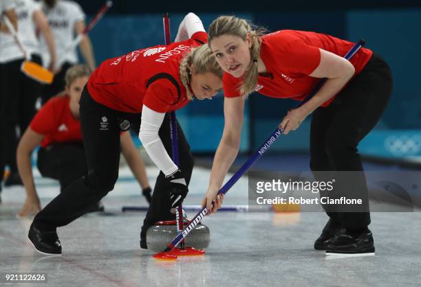 Anna Sloan and Lauren Gray of Great Britain compete during the Women's Round Robin Session 10 on day eleven of the PyeongChang 2018 Winter Olympic...