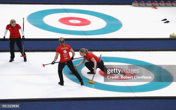 Lauren Gray of Great Britain delivers a stone during the Women's Round Robin Session 10 on day eleven of the PyeongChang 2018 Winter Olympic Games at...