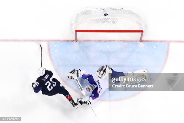 Jan Laco of Slovakia tends goal against Troy Terry of the United States in the second period during the Men's Play-offs Qualifications game on day...